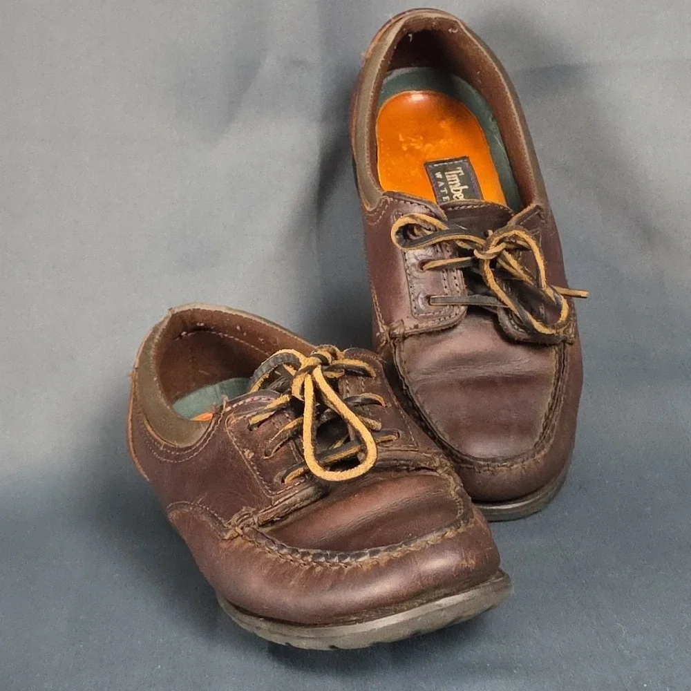 Vintage Timberland Boat Shoes Brown Waterproof Leather Size 7M 90's Y2K Made USA